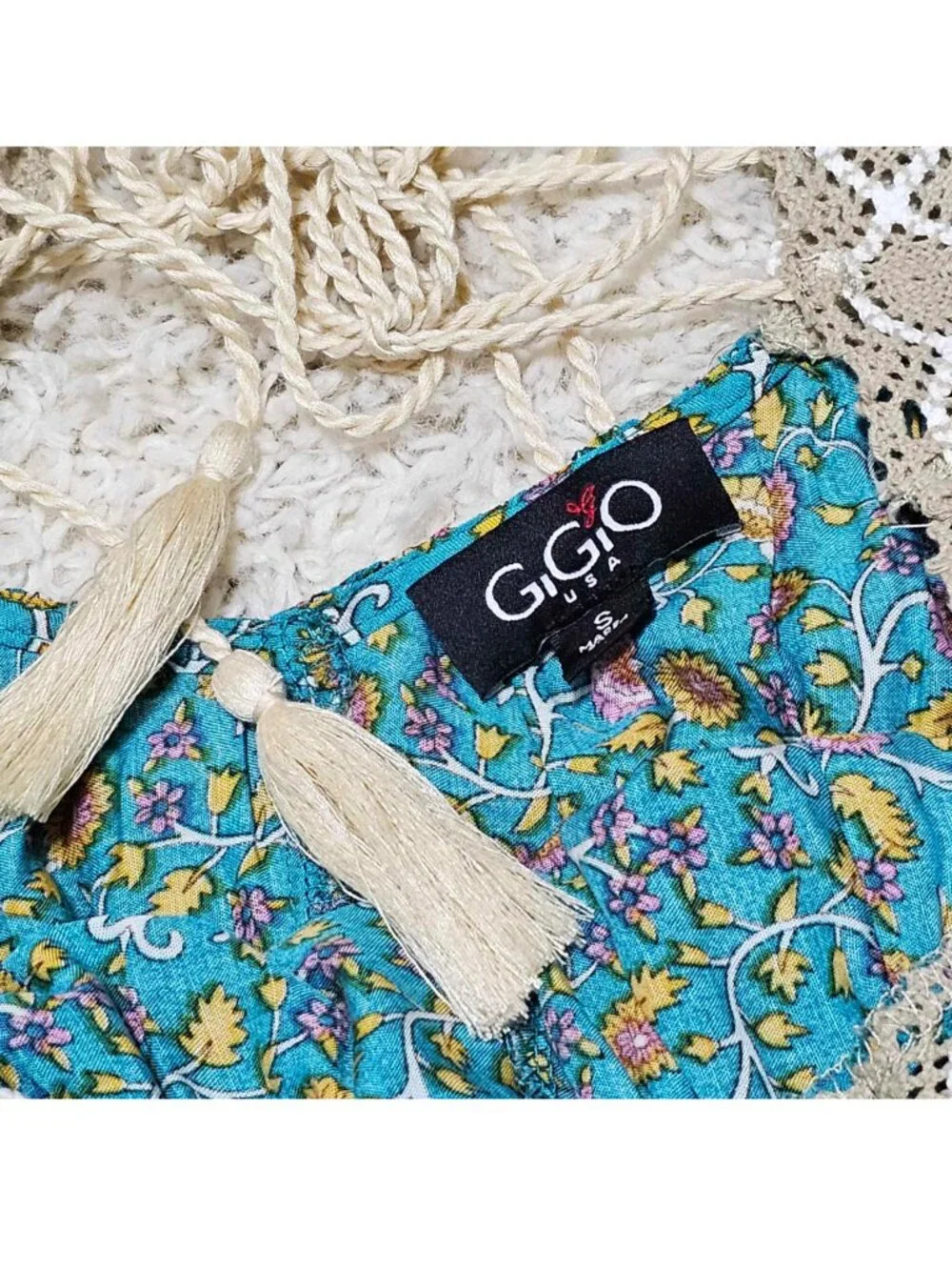 Boho Floral Lace Trim Dress, Teal Rust Print, Cottagecore, GiGiO Brand, Size S - Picture 8 of 11